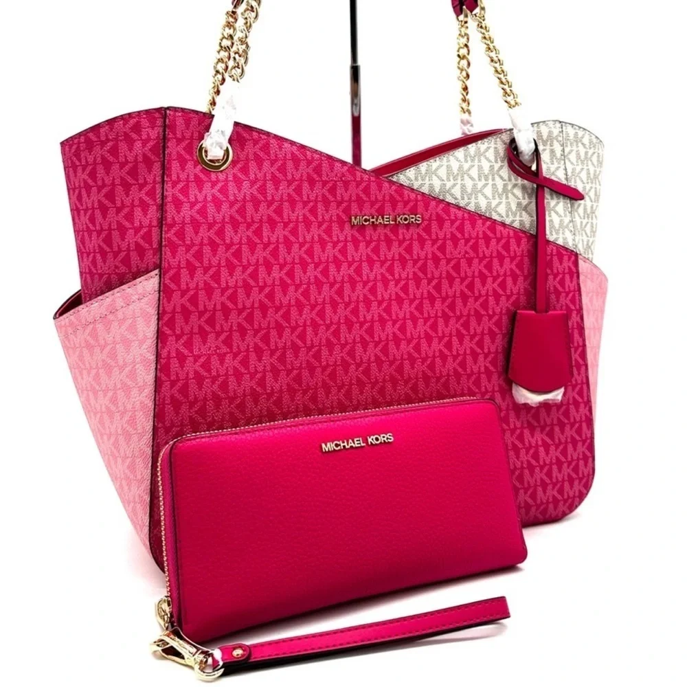 Michael Kors Large X Chain Shoulder Tote Bag & Continental Wallet Electric Pink - Picture 2 of 14